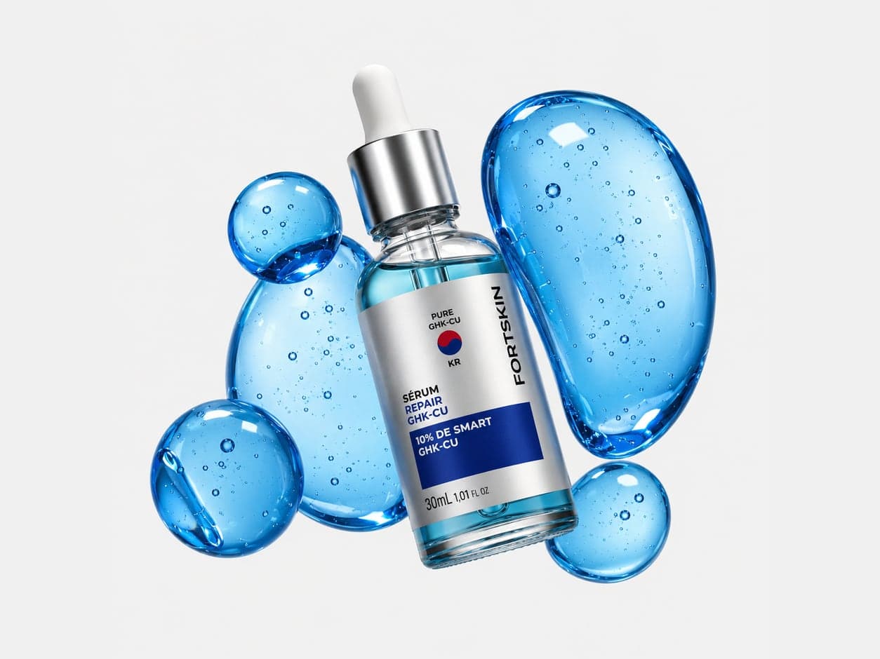 Frasco do Sérum Repair GHK-Cu entre bolhas de gel azul